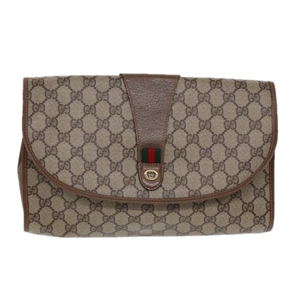 GUCCI GG Supreme Web Sherry Line Clutch Bag PVC Beige Gold - Picture 1 of 15